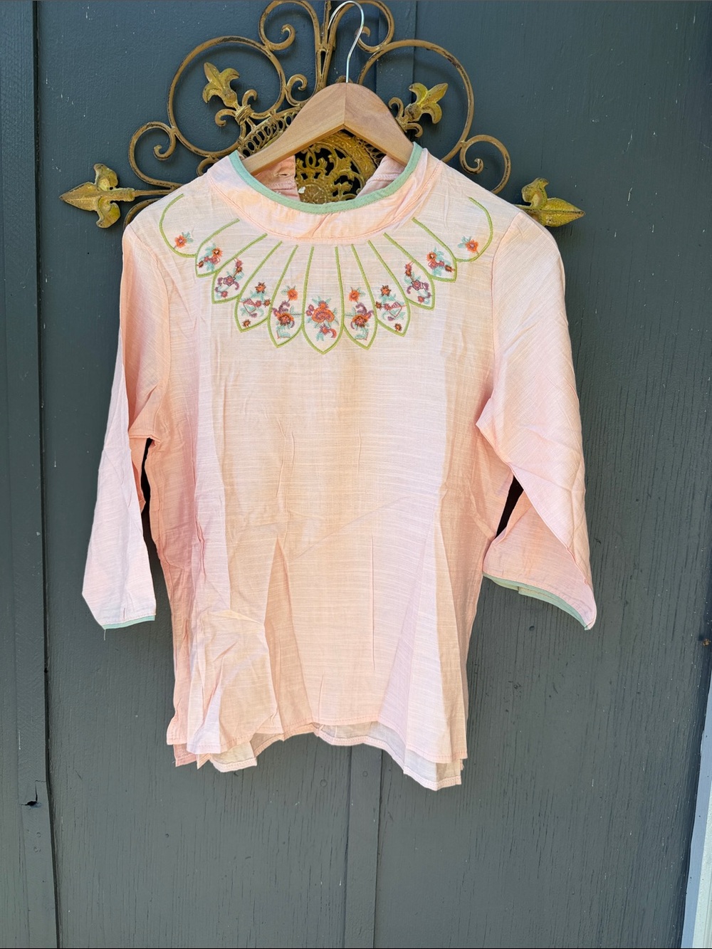 Women's Light Pink Embroidered Neck Tunic Top